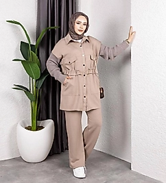 TRİKO KOLLU ÇITÇIT CEKETLİ CAMEL TAKIM