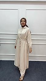 Çilek Kumaş Uzun tunikli krem  Takım