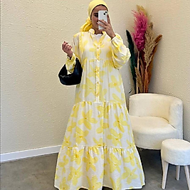 Modal Kumaş Sarı Çiçekli Elbise