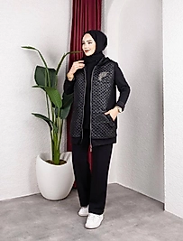 3’LÜ KAPİTONE TAŞLI YELEK SİYAH TAKIM