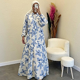 Modal Kumaş Mavi Çiçekli Elbise