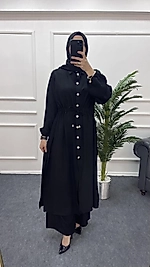 Çilek kumaş uzun tunikli siyah takım